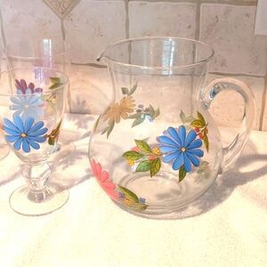 5 Piece Glass Pitcher & Beverage Goblet Set. Floral. Iced Tea .Lemonade